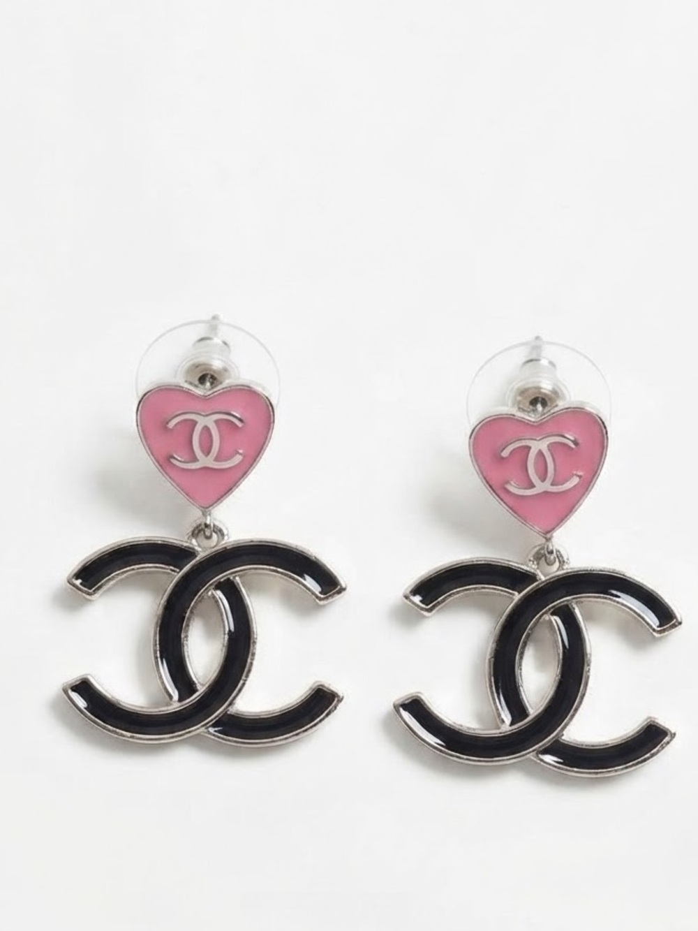 Must Have Pink Heart Stud with Black C Drop Charm Earrings